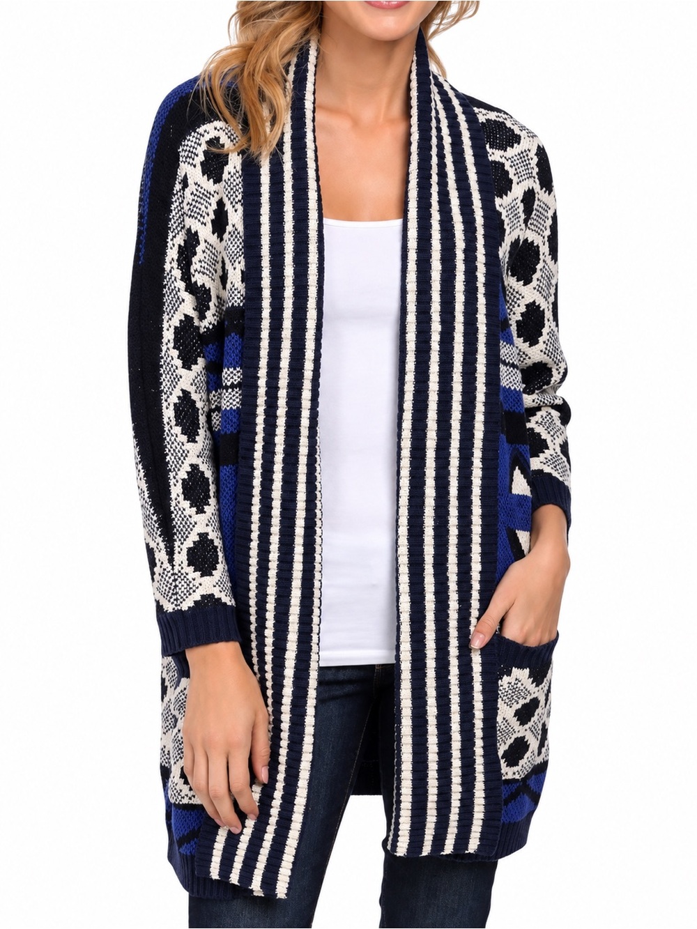 Lucky Brand Blue Geometric Southwestern Aztec Open Front Cardigan XS/S